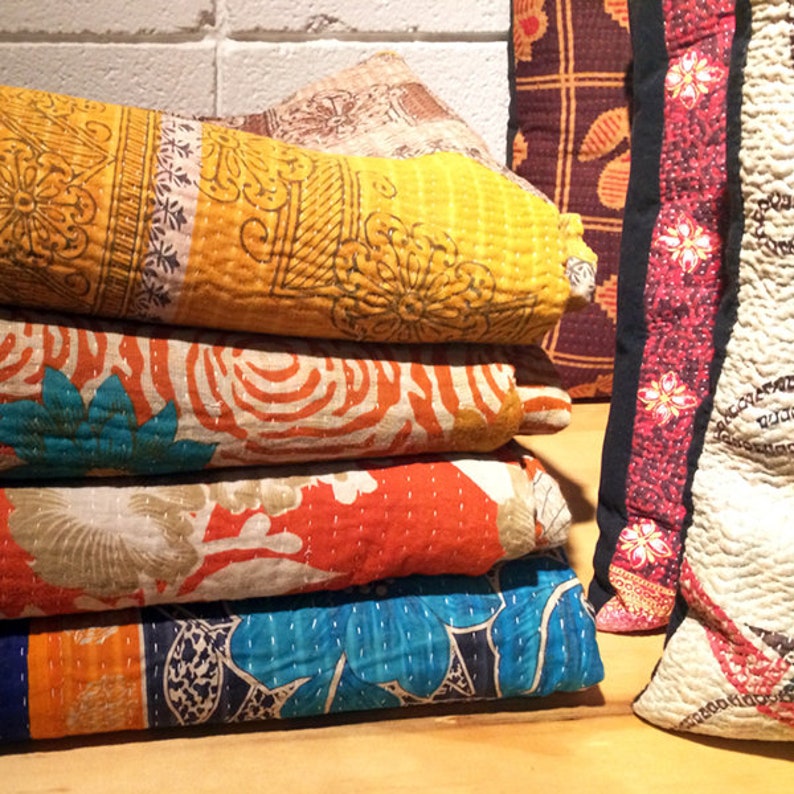 Vintage Kantha Quilt, indische Sari Quilt Kantha Decke, antike Kantha Twin Bettüberwurf Bettwäsche, Boho Kantha Quilts Bild 1