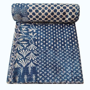 Kantha Indigo Blue Quilt Indian Kantha Bedspread Bedding Bedcover Throw Twin Bed zdjęcie 1