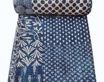 Kantha Indigo azul edredón indio Kantha colcha ropa de cama cubierta de cama tirar cama doble