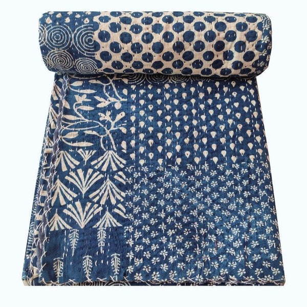 Courtepointe bleu indigo Kantha Couvre-lit indien Kantha Couvre-lit jeté de lit jumeau