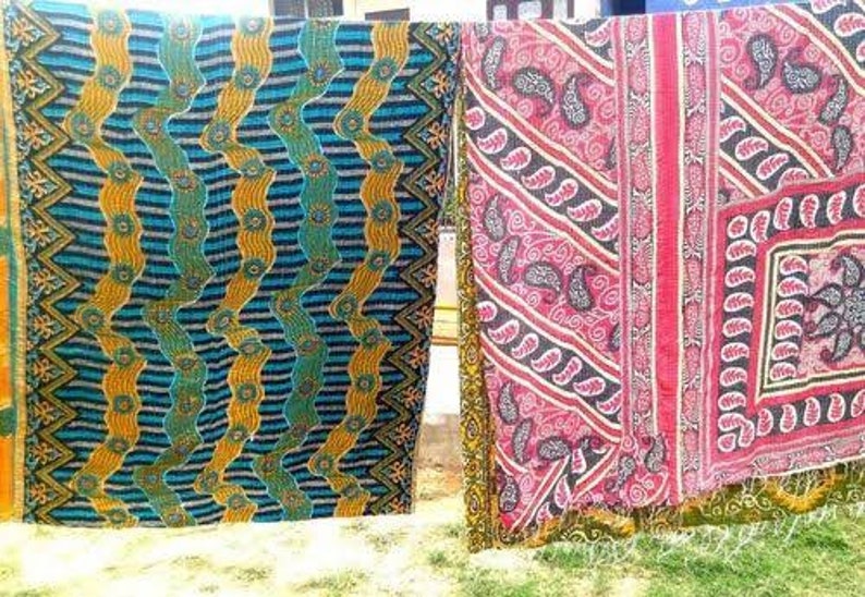 Vintage Kantha Quilt, indische Sari Quilt Kantha Decke, antike Kantha Twin Bettüberwurf Bettwäsche, Boho Kantha Quilts Bild 5