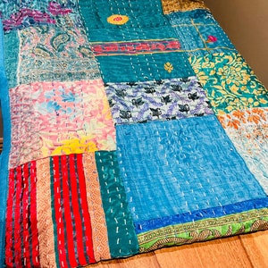 Handgemachte Indische Kantha Recycled Türkis Blau Patchwork Baumwolle Sari werfen Tagesdecke Cover Kantha Quilt Bild 5