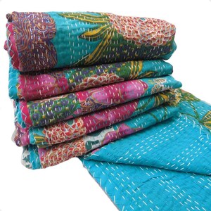 Handcrafted Kantha Quilt Cotton Reversible Bedspread Floral Turquoise Blue image 4