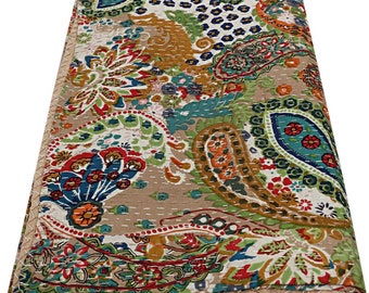 Beige Paisley Coton Kantha Quilts Indien Boho Réversible Kantha Quilts Hippie Twin Size Chambre Couvertures