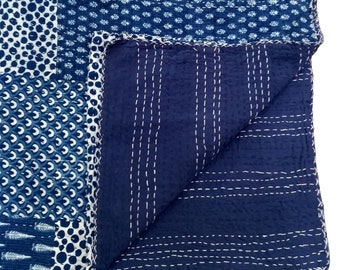 Indigo Cotton Handmade Blue Patchwork Kantha Quilt