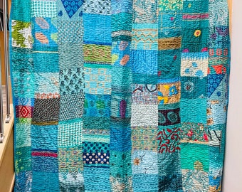 Handmade Indian Kantha Recycled Turquoise Blue Patchwork Cotton Sari Throw Bedspread Cover kantha quilt