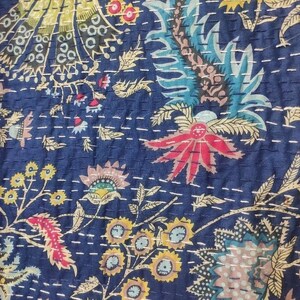 Coton floral indien sérigraphié kantha couette reine couverture fait main bohème reine bleu couvre-lit kantha drap de lit décor couvre-lits image 5