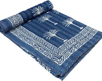 Jeté indien fait main en coton kantha, fait main, bleu indigo, 90 x 60 pouces