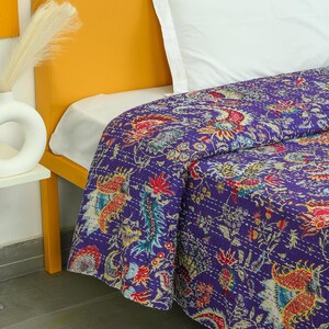 Indian Hand Stitched Pure Cotton Mukut Print Kantha Quilt Kantha Blanket Purple
