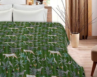 Green Kantha Bedspread Throw Blanket Queen Size Jungle Print Quilt Handmade