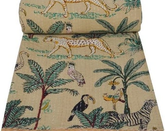 Indian Hand Block Beige Jungle Print Kantha Quilt Bedspread Bedding Throw Cotton Blanket