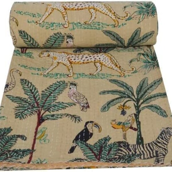 Indian Hand Block Beige Jungle Print Kantha Quilt Bedspread Bedding Throw Cotton Blanket