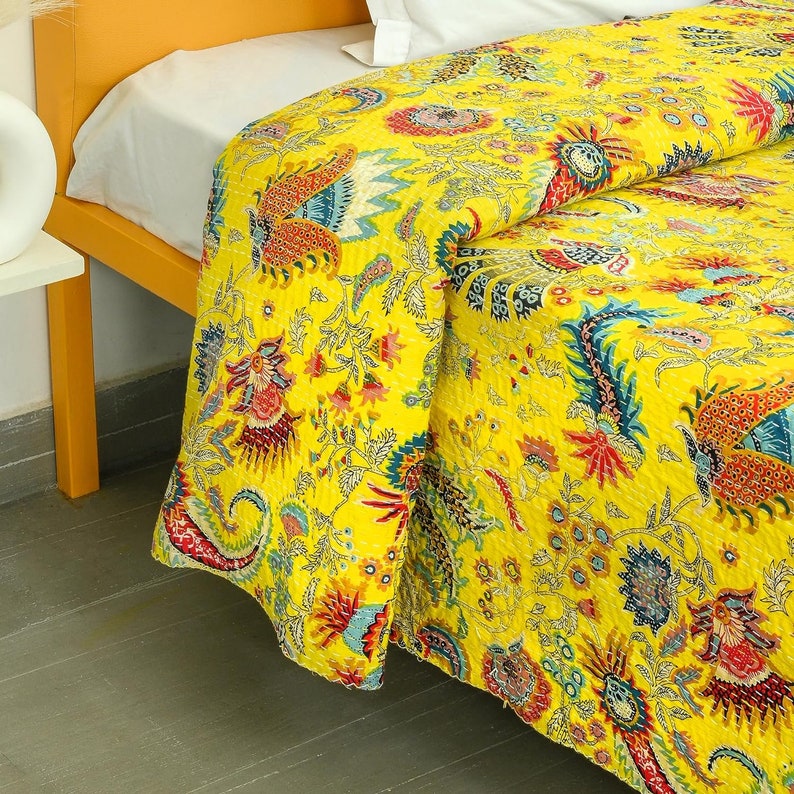 Indian Hand Stitched Pure Cotton Mukut Print Kantha Quilt Kantha Blanket Yellow