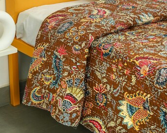 Couverture indienne Kantha en pur coton à imprimé mukut cousue à la main