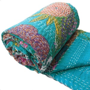 Handcrafted Kantha Quilt Cotton Reversible Bedspread Floral Turquoise Blue image 3