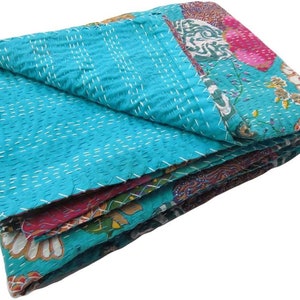 Handcrafted Kantha Quilt Cotton Reversible Bedspread Floral Turquoise Blue image 2