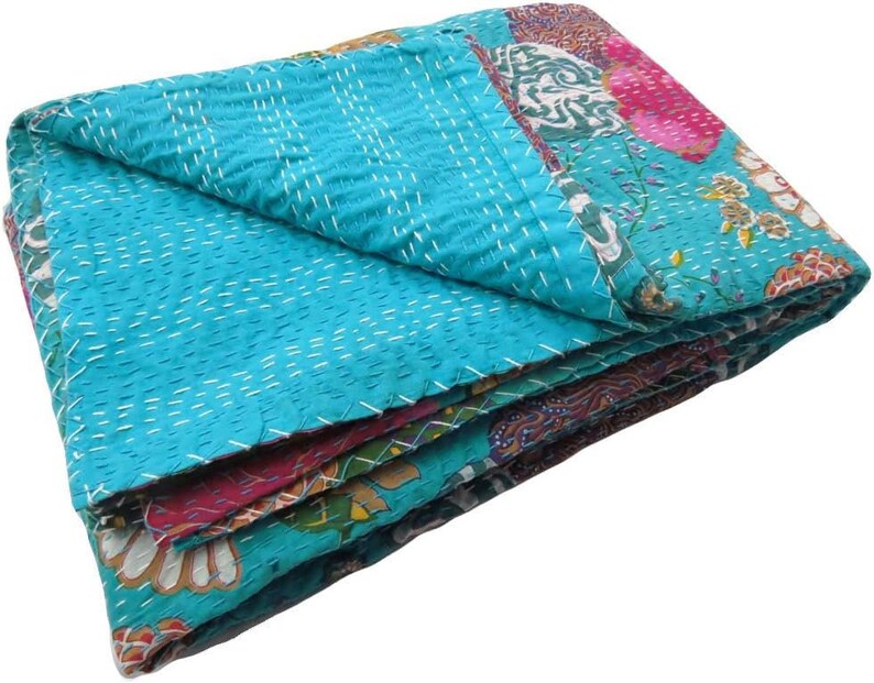 Handcrafted Kantha Quilt Cotton Reversible Bedspread Floral Turquoise Blue image 2