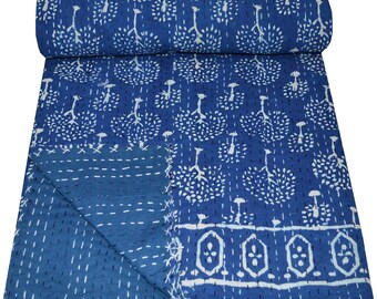 Jeté indien fait main en coton kantha, fait main, bleu indigo, 90 x 60 pouces