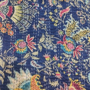 Coton floral indien sérigraphié kantha couette reine couverture fait main bohème reine bleu couvre-lit kantha drap de lit décor couvre-lits image 2