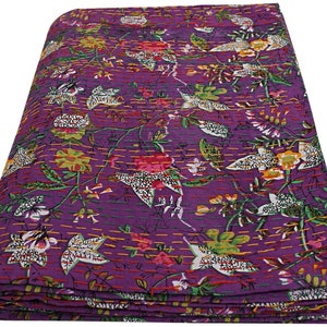 Purple Floral Kantha Quilt Queen Pure Cotton Kantha Throw Blanket Bedspread Coverlet Kantha Bed Cover Boho Quilt