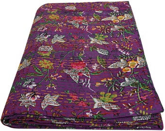 Purple Floral Kantha Quilt Queen Pure Cotton Kantha Throw Blanket Couvre-lit Kantha Couvre-lit Boho Quilt
