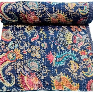 Coton floral indien sérigraphié kantha couette reine couverture fait main bohème reine bleu couvre-lit kantha drap de lit décor couvre-lits image 1