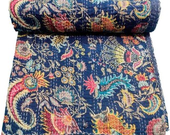 Indische Blumen Baumwolle Siebdruck Kantha Quilt Königin Decke Handgemachte Tagesdecke Boho Queen Blaue Tagesdecke Kantha Bettlaken Dekor Bettdecke