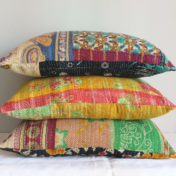 Antique Reversible Cotton Kantha Cushion Covers, Handmade Vintage Boho Decor, Wholesale Lot