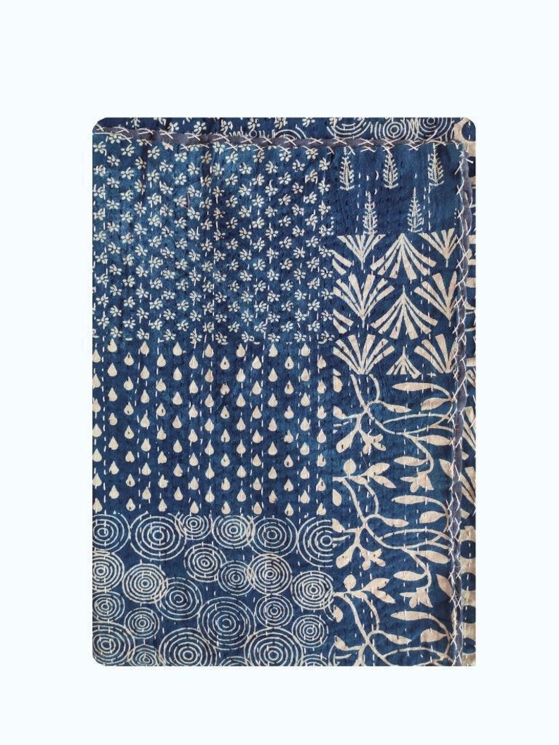 Kantha-Indigoblaue Steppdecke, indische Kantha-Tagesdecke, Bettwäsche, Überwurf, Einzelbett Bild 4