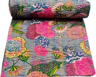 Hand Block Floral Print Kantha Quilts Hippie Grey Reversible Cotton Blanket Queen Bedding Handmade Coverlet Large Bedding Throw Decor