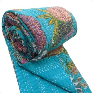 Handcrafted Kantha Quilt Cotton Reversible Bedspread Floral Turquoise Blue image 1