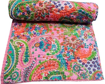 Couvre-lits en coton motif cachemire rose Kantha, décoration indienne