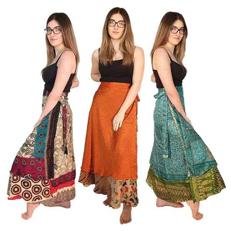 Gonne di seta indiana, Gonna di seta vintage, Gonne Boho, Gonne sari avvolgenti, Gonne estive fatte a mano hippie da donna Moda per gonne lunghe da donna immagine 2