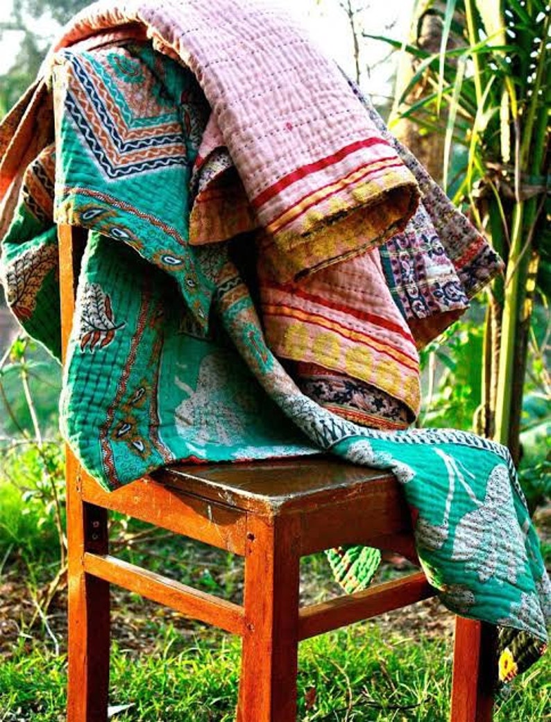Vintage Kantha Quilt, indische Sari Quilt Kantha Decke, antike Kantha Twin Bettüberwurf Bettwäsche, Boho Kantha Quilts Bild 7