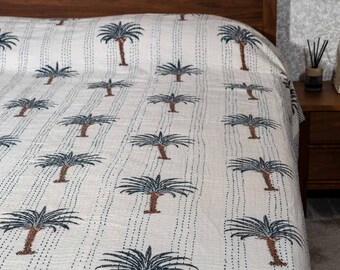 Slate Blue Palm Trees Indian Double Bedspread