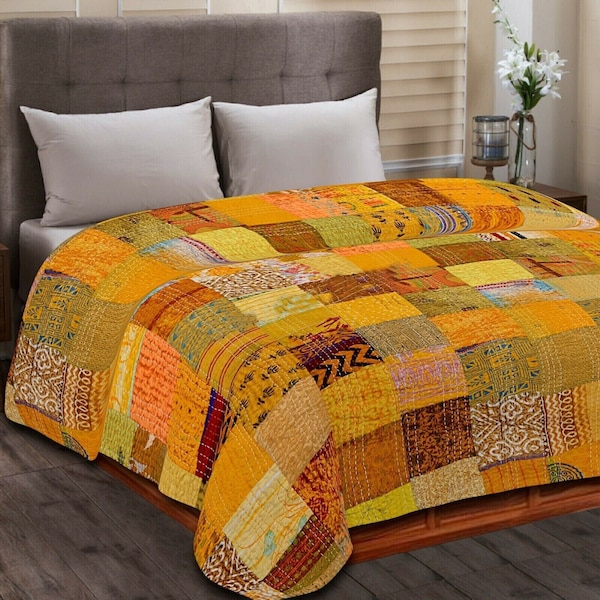 Bright Yellow Vintage Patchwork Kantha Quilt Queen Silk Sari Kantha Throw Blanket Kantha Bedspread Coverlet Kantha Bed Cover Boho Quilt