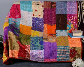 Vintage Patchwork Kantha Bedspread Indian Handmade Quilt Throw Silk boho Blanket