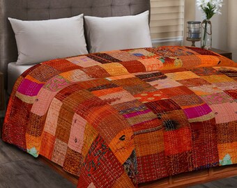 Orange Vintage Patchwork Kantha Quilt Queen Silk Sari Kantha Throw Blanket Kantha Bedcolcha Kantha Bed Cover Boho Quilt