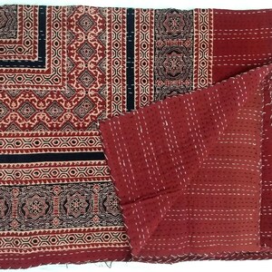 Indian Handmade Cotton Blanket Kantha Bed Cover Bedding Bedspread Hand Block Ajrak Kantha Quilt Queen / Double Size Vintage Throw