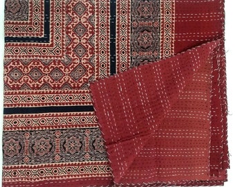 Indiase handgemaakte katoenen deken kantha bedovertrek beddengoed sprei handblok ajrak kantha dekbed koningin / dubbele grootte vintage plaid