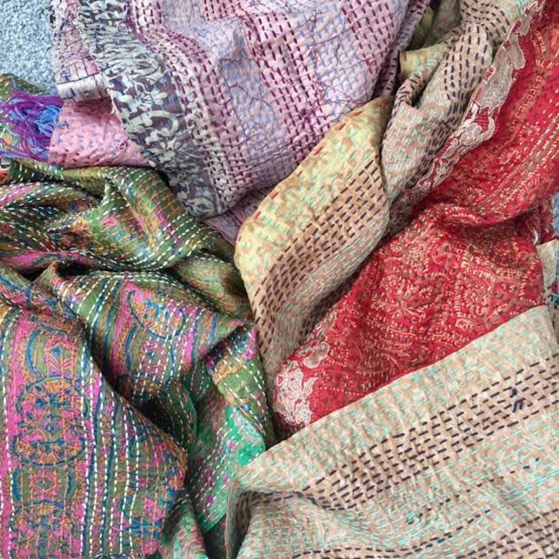 Wholesale Lot Handmade Silk Kantha Scarf Bohemian Reversible Fine Quality Kantha Shawl / Dupatta for All Seasone Fashionable Scarves image 3