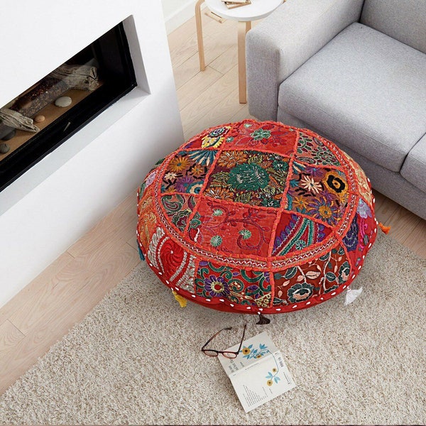 Nouveau 32" rond rouge Patchwork housse de coussin sol décoratif oreiller couvre jeter