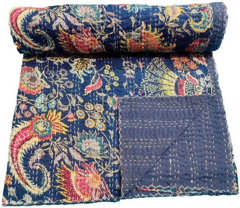 Coton floral indien sérigraphié kantha couette reine couverture fait main bohème reine bleu couvre-lit kantha drap de lit décor couvre-lits image 4