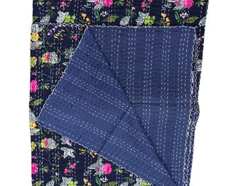 Azul marino minimalista floral KanthaEdredón King Algodón puro Kantha Manta de tiro colcha Manta Kantha Cubierta de cama Boho Edredón