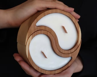 Vela Yin Yang en Madera, Vela de cera de soja con mecha de madera, Vela de aceite esencial y con tapa, Vela de meditación, Vela Zen