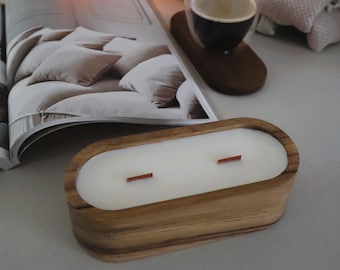 Elegant handmade soy wax crackling candle in a walnut wooden bowl with a lid and 2 wicks.