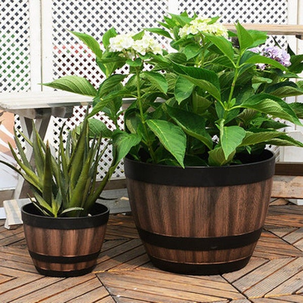 Resin Whiskey Barrel Flower Pot Round Planter Indoor Outdoor Garden Yard Patio Flower Pots Green Planting Pot Flowerpot