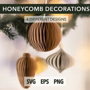 Paquete de diseño SVG de adornos de papel en forma de panal / 4 diseños / svg, png, eps / Adorno navideño 3D DIY / Proyecto Cricut