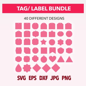 Op de afbeelding: Een set van 40 verschillende tag- en etiketontwerpen in roze. De ontwerpen omvatten verschillende vormen, zoals cirkels, vierkanten, sterren, harten en meer. De tekst "TAG/LABEL BUNDLE" en "40 DIFFERENT DESIGNS" wordt bovenaan de afbeelding weergegeven. De tekst "SVG EPS DXF JPG PNG" wordt onderaan de afbeelding weergegeven.