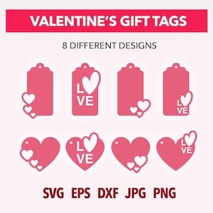 Pacchetto SVG per etichette regalo di San Valentino / Download immediato / Cricut e Silhouette / png, dxf, eps / Commerciale / Etichetta regalo fai da te / Etichetta a forma di cuore
